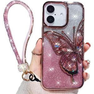 for iPhone 16 Plus Case Cute Bling Glitter Girly Butterfly, Luxury Electroplate Flowing Liquid Aesthetic Women Cover with Bling Wrist Strap Lanyard for iPhone 16 Plus (Pink)