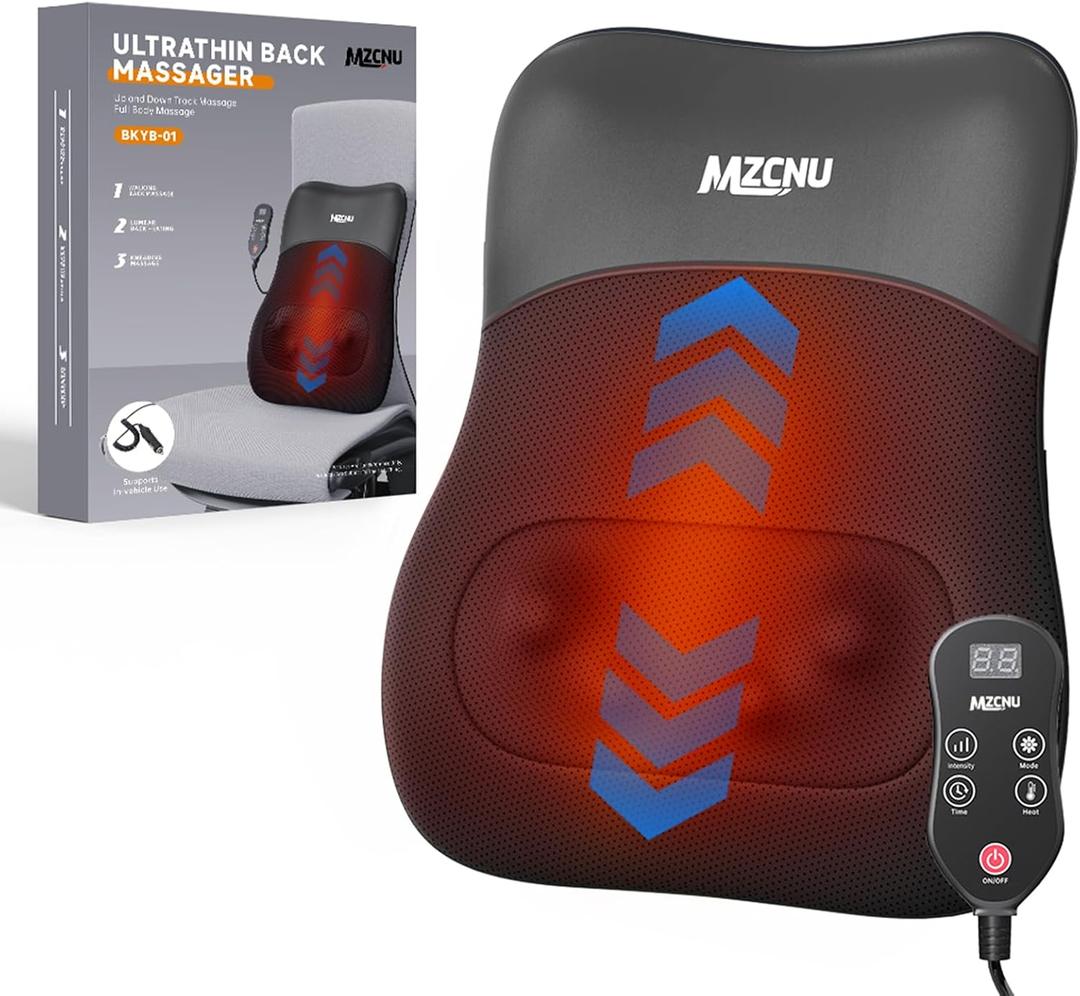 Back Massager with Heat for Pain Relief Deep Tissue, Ultrathin 4D Shiatsu Lower Back Massager, Chair Back Massager for Home Office, Gifts for Women Men,Black