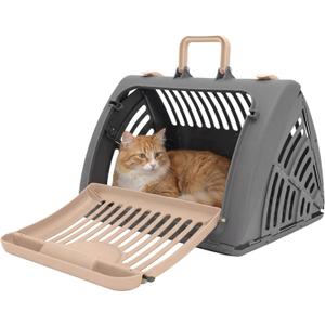 SportPet Designs Foldable Travel Cat Carrier - Front Door Plastic Collapsible Carrier, Gray and Tan, Medium (Pack of 1)
