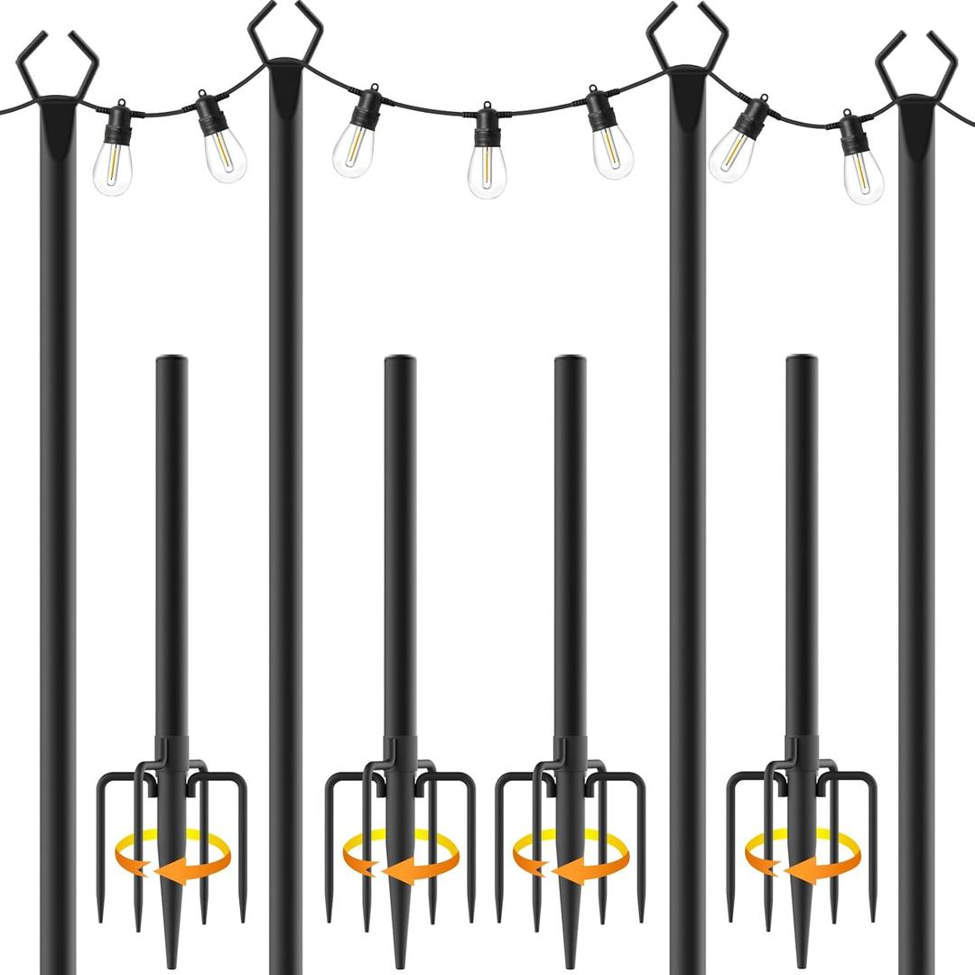 AILBTON 10Ft String Light Poles 4 Pack, Light Poles for Outside Lights,Outdoor with Fence Brackets Hanging Lights, Metal Stand Deck Patio Backyard