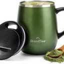 GRANDTIES Insulated Coffee Mug with Handle - Sliding Lid for Splash-Proof 16oz Wine-Glass Shape Thermal Tumbler with Double Walled Vacuum Stainless Steel to Keeps Beverages Hot or Cold-Green Metallic (15.6 Ounces)