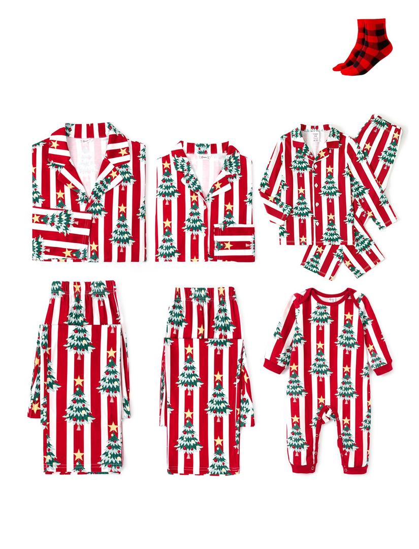 Family Matching Women Christmas Pajamas: Button Down Red Stripes and Christmas Tree Patterned PJS for Family Reunion Christmas Party Take Photos Gift for Couples - Women Large