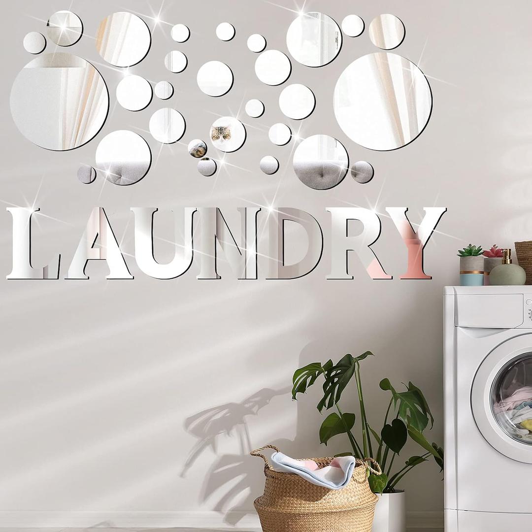Zonon Laundry Room Mirror Decal Silver 3D Acrylic Mirror Wall Stickers DIY Wall Sticker for Bathroom Home Decorations Supplies(Silver)