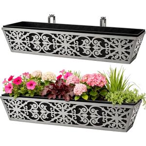 2 Pack 30 Inch Window Boxes Planter for Outdoor Plants Deck Railing Planters Box with Adjustable Brackets for Porch Fence Balcony Hanging Flower Baskets with Non-Woven Fabric Liner for Garden Dcor