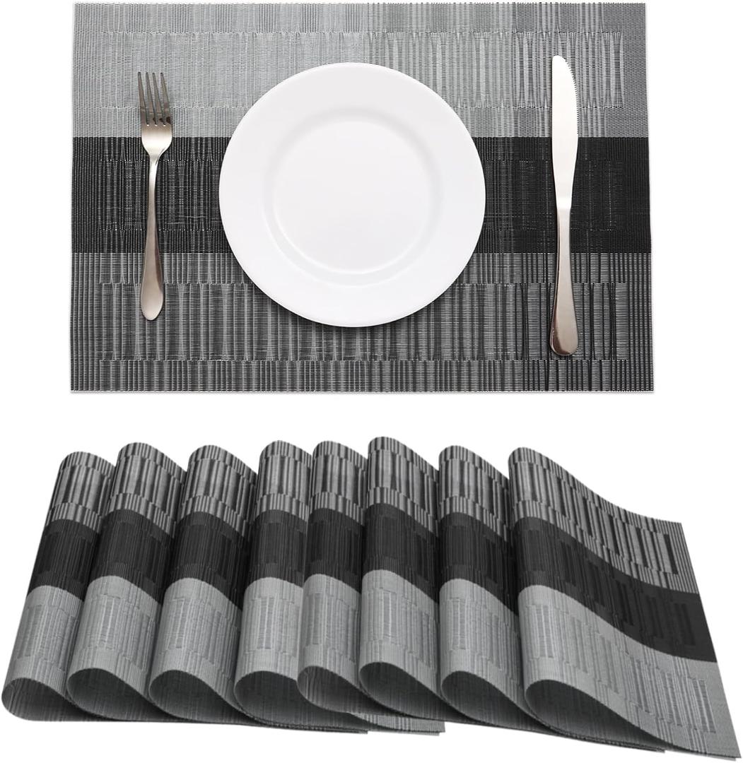 HeloHo Black Grey Stripe Placemats Set of 8, Heat-Resistant Washable Placemats Non-Slip Vinyl Woven Table Mats Wipeable Placemat for Kitchen Dining Table Decoration Indoor Outdoor