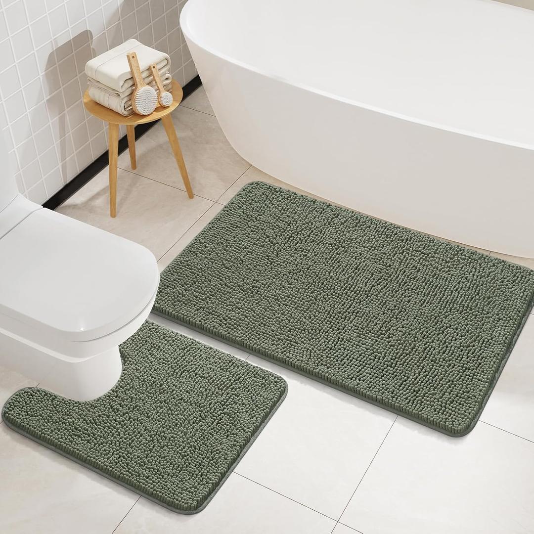 LOCHAS Bathroom Rugs Sets 2 Piece, Soft Non Slip Bath Mat Set, 20''x20'' U-Shaped Toilet Rug and 34''x21'' Sage Green Bath Rugs, Washable Absorbent Chenille Toilet Rug Set for Bathroom, Shower (34" x 21" Plus 20" x 20")