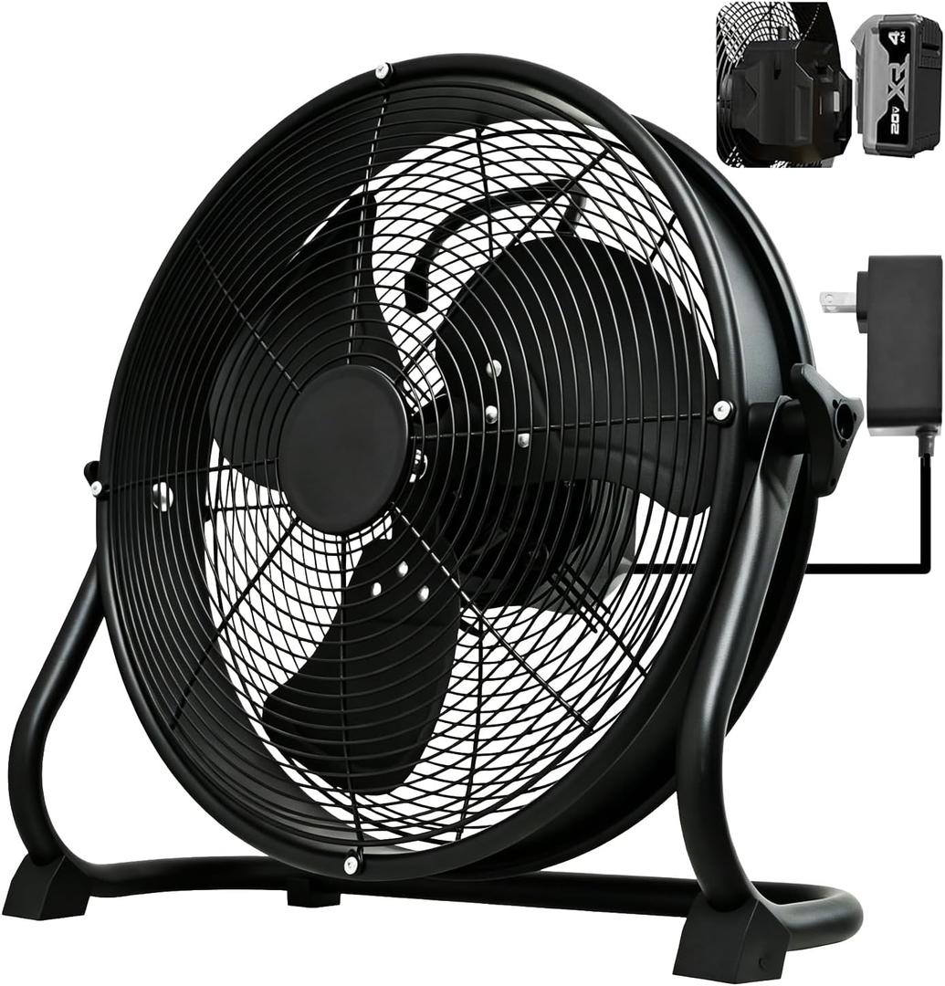 14" Battery Operated Floor Fan for Dewalt 20V Max, Portable Jobsite Fan with AC Adapter, 1500 CFM High Velocity, Variable Speed, Metal Fan for Garage, Workshop, Camping, Outdoor (Battery Not Included)