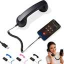 Retro Phone Handset, Retro Phone Handset for Phone, Type-C Retro Telephone Wired Handsets Style Landline Handle Receiver for Cell Mobile Video Conferences, Calls and Meetings (Black)