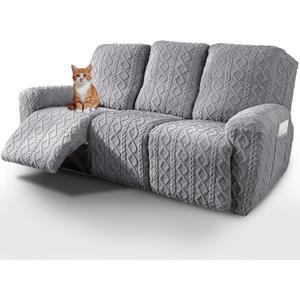 vctops 8 Pieces Geometric Jacquard Plush Recliner Sofa Covers Soft Fuzzy Fluffy 3 Seats Couch Cover Anti-Slip Sofa Slipcover Furniture Protector with Elastic Bottom for Kids Pet(Grey,3 Seat)