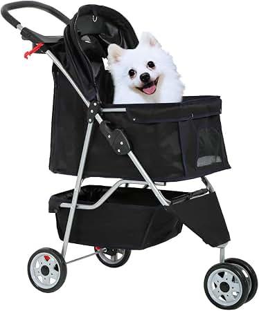 3 Wheels Pet Stroller for Dogs/Cats, Cat Dog Cage Stroller, Travel Folding Carrier with Removable Liner & Storage Basket & Cup Holder, for Small-Medium Dog, Cat - Black