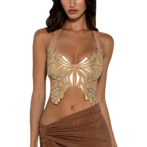 JUMISEE Women Sparkly Rhinestone Butterfly Crop Top Sexy Satin V Neck Bakless Lace Up Cami Tank Top for Rave Festival, One Size