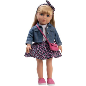 Gift Boutique 18 Inch Girl Doll, Fashion Doll with Fine Blond Long Hair, Blue Eyes, Floral Outfit, Denim Jacket, Sandals, Boots, Hair Bow, Handbag