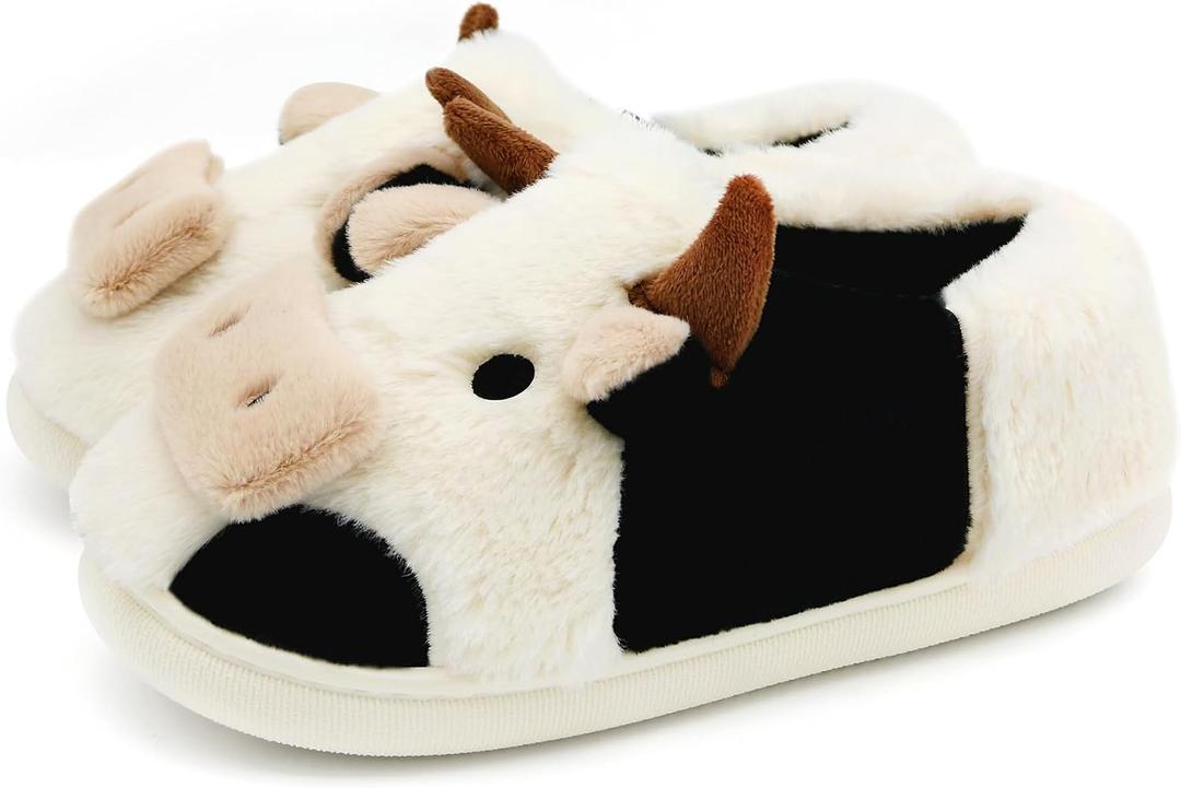 Cute Fuzzy Cow Slippers for Women, Cartoon Plush Warm Cow Slippers for Girls Funny, Novelty and Soft Cotton Slipper, Women's Winter House Shoes Suitable for Indoor Bedroom Dormitory (Beige)