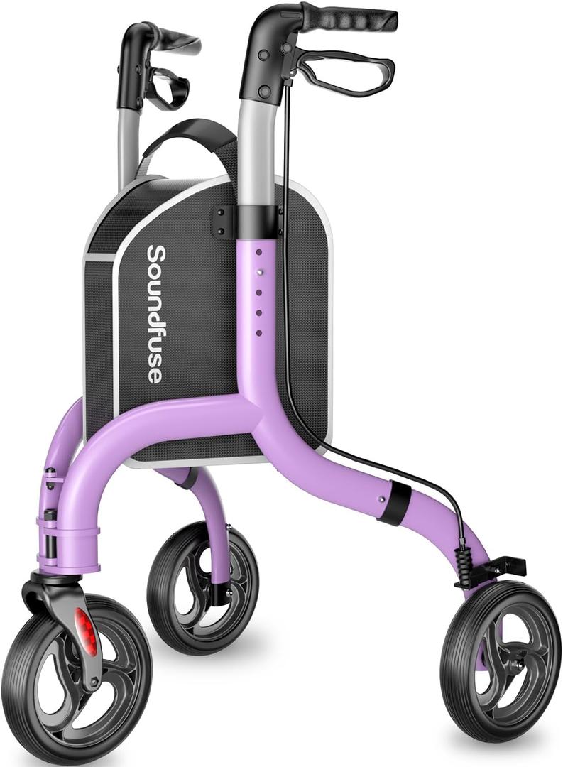 SOUNDFUSE 3 Wheel Walkers for Seniors, Lightweight Foldable Aluminum Rollator Walker, Height Adjustable Three Wheel Walker, Purple