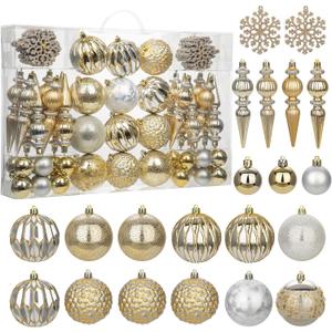 92ct Christmas Tree Decoration Set Christmas Ball Ornaments with Srtings Shatterproof Christmas Baubles for Christmas Holiday Wreath Garland Party Decoration, Gold-Silver