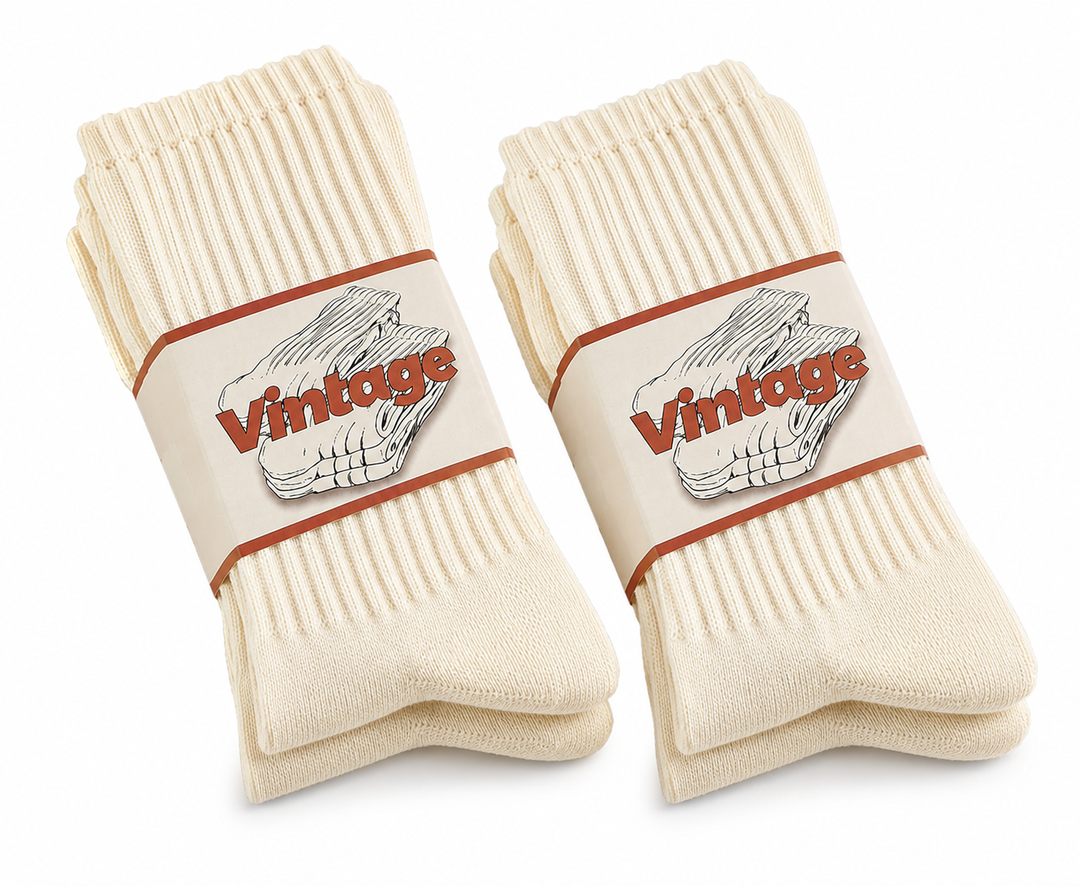 DAUCO 2 Pairs Natural Cotton Socks for Women & Men - Crew, Seamless, Breathable, Off White, Size 10-15