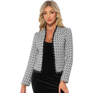 Allegra K Plaid Tweed Blazer for Women's Long Sleeve Open Front Work Office Jacket, Small Black