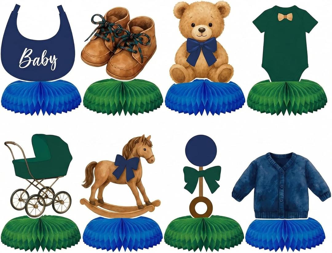 8 Pcs Tartan Plaid Style Bear Baby Shower Decorations Green Blue Bear Baby Shower Honeycomb Centerpieces 3D Table Decorations for Gender Reveal Birthday Party Supplies Table Centerpieces