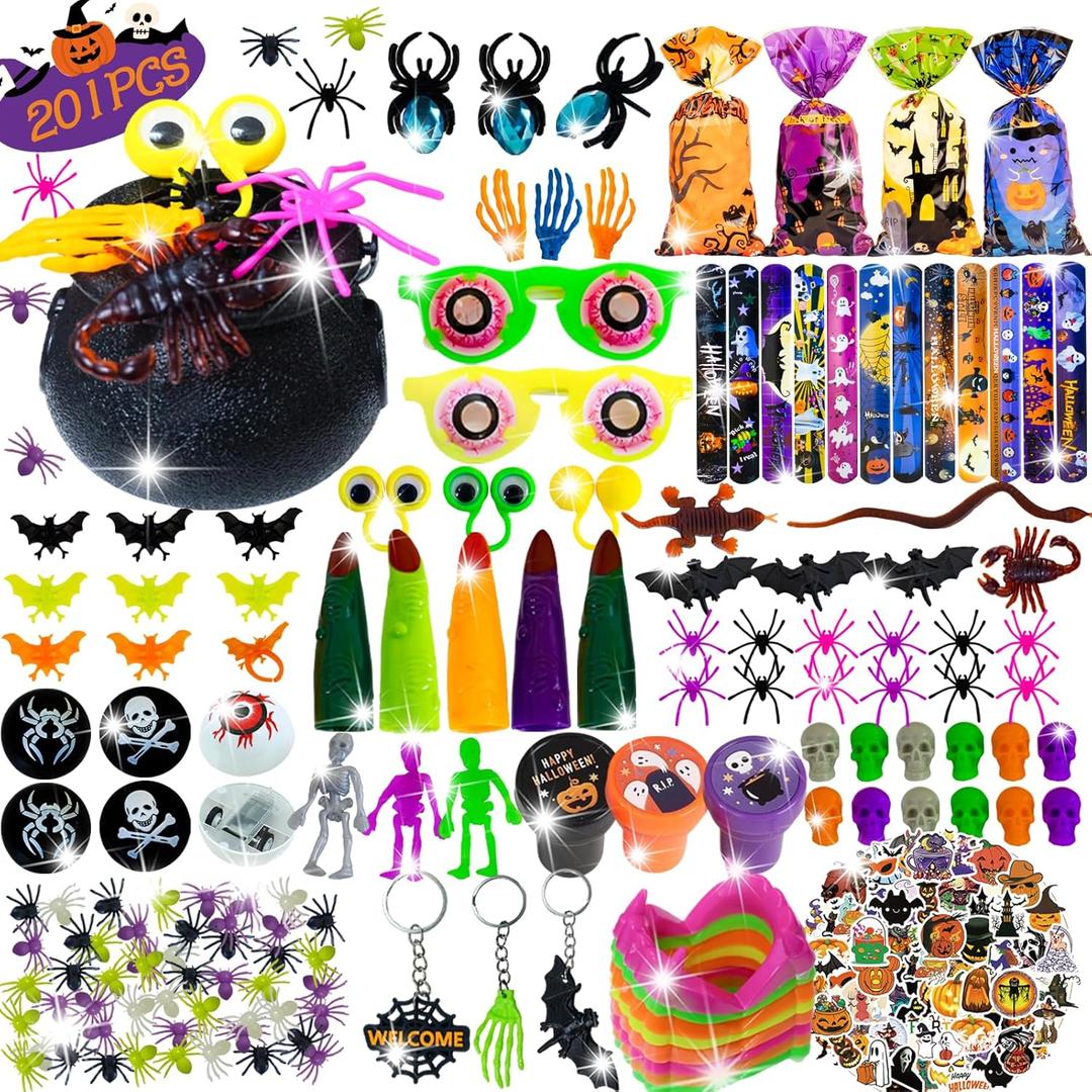 201PCS Halloween Party Favors , Bulk Fidget Toys for Party Supplies, Halloween Treats Non Candy School Classroom Carnival Prizes, Treasure Box Toy Chest, Halloween Gifts, Goodie Bag Stuffers