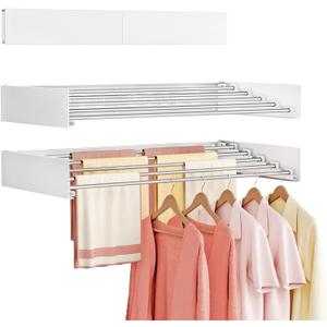 Wall Mounted Clothes Drying Rack Folding Indoor, Foldable Laundry Drying Rack Collapsible,Invisible, Space Saving, Retractable Towel Drying Rack, with Wall Template(5 Drying Rods, White 32")