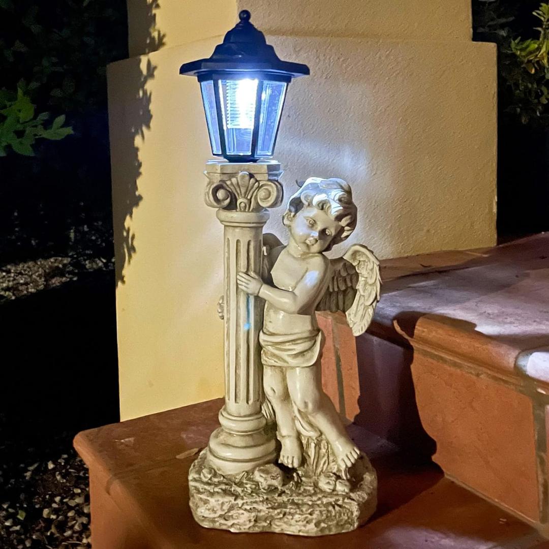 Angel Statue with Solar Lights (Right) 19.7 Inch, Outdoor Solar Angel Garden Statue with Roma Pillar for Garden Lawn Decor, Christian Religious Gift