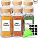 ComSaf 8 oz 6Pcs Glass Spice Jars with Label, Empty Spice Containers with Bamboo Lids, Square Seasoning Containers Trial and Supplement Set, Small Seasoning Bottles for Salt, Herbs, Sugar, Pepper