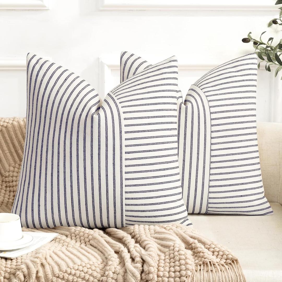 YCOLL Farmhouse Pillow Covers 20x20, Modern Accent Square Throw Pillow Covers Set of 2, Navy and Beige Striped Patchwork Linen Decorative Pillows Cushion Covers for Couch Chair Bedroom Home Decor