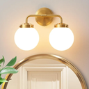 Bathroom Vanity Light Fixtures Over Mirror, Modern Brass Gold 2 Lights Wall Sconce Lighting with Milky Glass Ball Shades, Mid Century Farmhouse Bathroom Lighting
