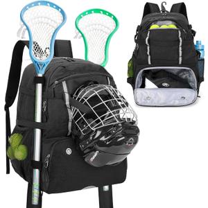 DSLEAF Lacrosse Bag With Stick Holder, Backpack With External Buckle Straps to Fix Helmet, Separate Shoe Space and Other Field Hockey Equipment (Patent Design)