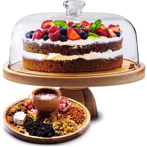 Cake Stand with Acrylic Dome Lid 2-in-1 Multifunctional Round Shatterproof Dessert Table Display Set with Acacia Wood Serving Platter, Veggie Tray, Fruit Bowl, Donut Stand, Nachos Plate