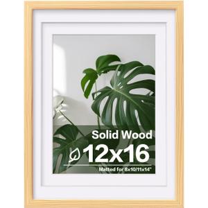 Egofine 12x16 Picture Frame Natural Wood with Plexiglass Made of Solid, Display Pictures 9x12/11x14 with Mat or 12x16 Without Mat for Wall Mounting
