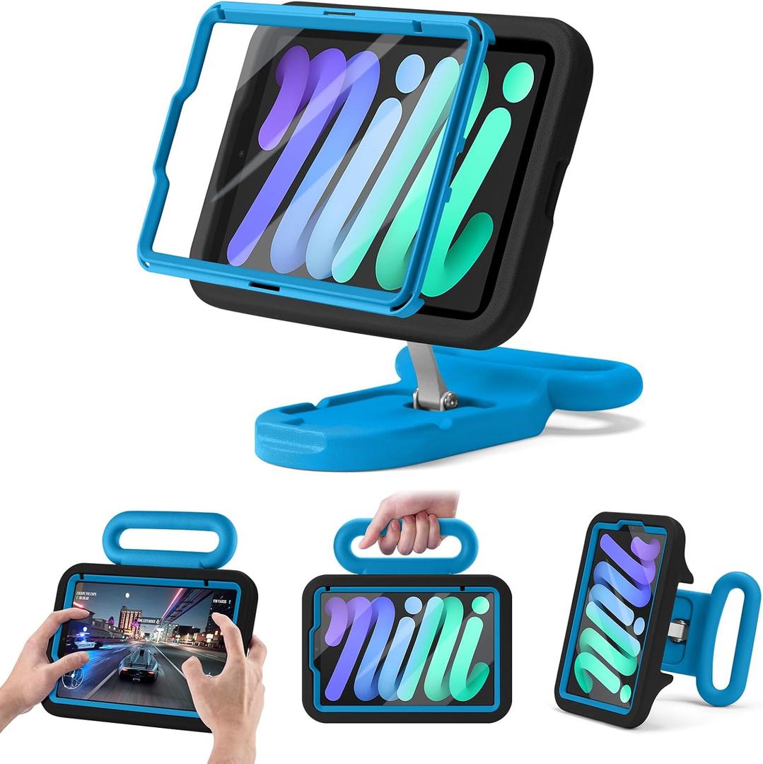 Kids Case for iPad mini 7 (A17 Pro) 2024 / iPad mini 6 2021, Adjustable Portrait/Landscape Stand, Drop Proof Handle Kickstand, Child Friendly with Screen Protector for iPad mini7th/6 8.3 inch (Black)