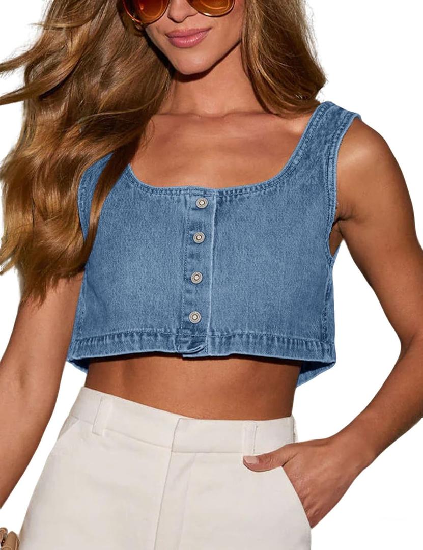Limerose Women's Reversible Tank Tops Button Denim Crop Blouses Sleeveless Cami Shirts (Medium, Light Blue)