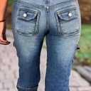 Flamingals Women's Star Flap Pocket Side Vintage Summer Low Waist Skinny Cargo Capris Jeans (Blue, XL)