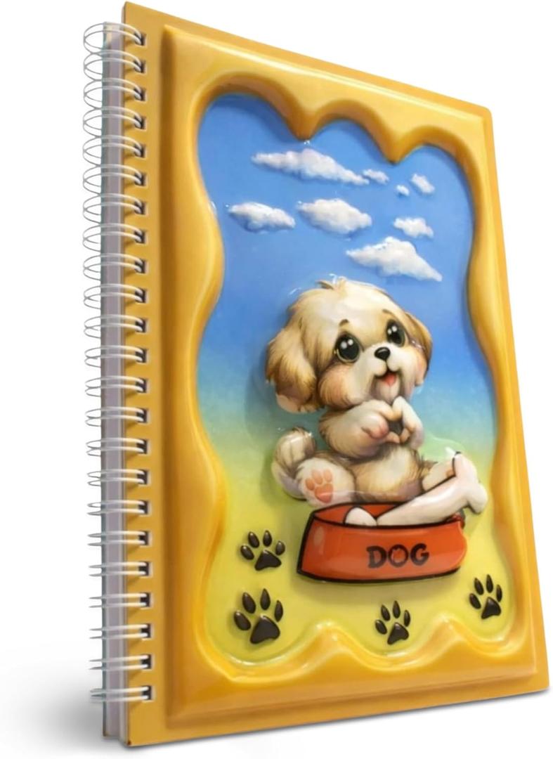 A5 3D Glossy Cover Spiral Notebook Cute Hardcover Notebook with 160 Pages/80 Sheets Kids School Notebook Gift Notebook for Girls & Boys (Little Dog_Bone Lover)