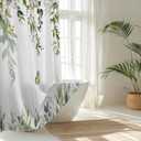 No Hook Shower Curtain and Liner Set, Sage Green Eucalyptus Floral Shower Curtains for Bathroom, Bath Curtain Sets with Snap in Liner, Waterproof with See Through Top Window, 71x74 Inches