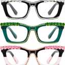 Hubeye Square Reading Glasses for Women Men Blue Light Blocking Computer Fashion Style Readers with Spring Hinge (Black+green+pink)
