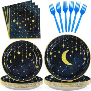 Grencian Gold Star Moon Party Supplies - 96Pcs Moon and Stars Party Supplies Plates and Napkins Navy Blue Celestial Hanging Crescent Disposable Tableware for Celestial Birthday Decorations Serve 24
