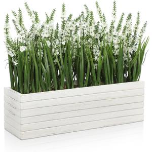 14 Inch Artificial Lavender Flower Arrangement in Rustic Rectangular Wood Planter Box White Fake Lavender Flower Faux Potted Lavender Plants for Table Centerpiece Windowsill Shelf Home Decor Indoor (14.2"x4.3"x13")