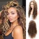 Fencca Brown Highlights Long Curly Wigs for Women Heat Resistant Synthetic Hair Brown Mixed Blonde Wave Curly Wig