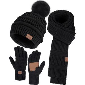 Winter Beanie Hat Scarf Gloves Set for Women, 3 PCS Warm Pom Pom Beanie Long Knit Scarf Anti-Slip Touchscreen Gloves Fleece Lined Hat Winter Gifts for Cold Weather Birthday Christmas Gifts for Adults (Black)
