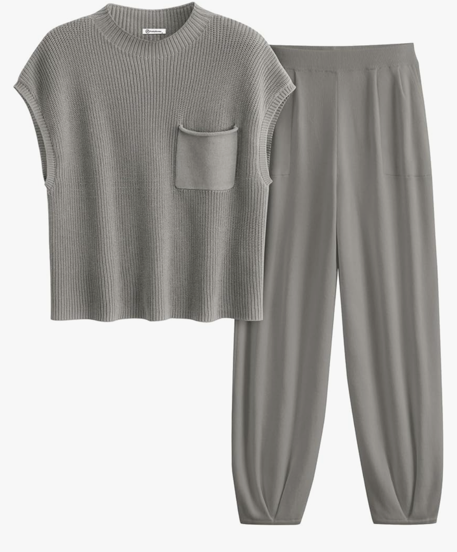 PRETTYGARDEN Womens Two Piece Outfits Sweater Sets Knit Pullover Tops And High Waisted Pants Matching Tracksuit Sweatsuit Set, Size L