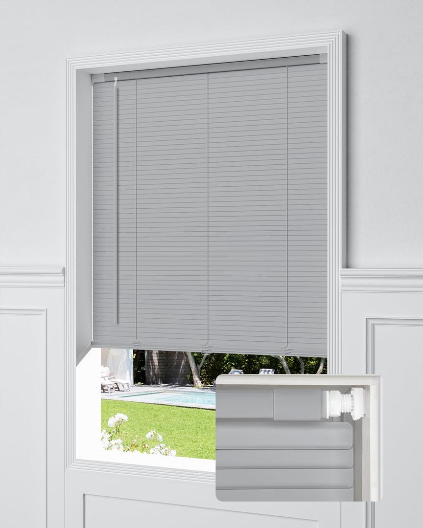 UNISHADES No Drill Cordless Mini Blinds, 34.5" W × 64" H Grey