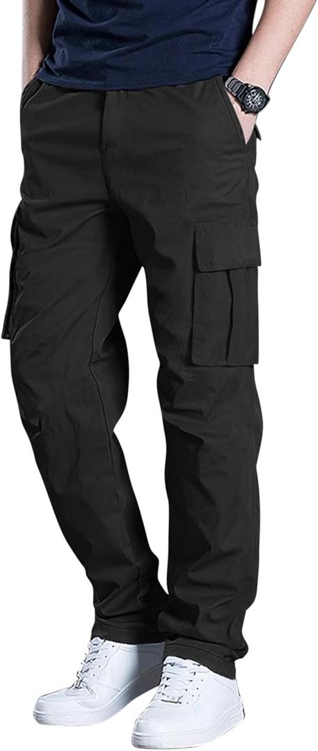 Men's Cargo Pants Casual Workout Joggers Stretch Sweatpants Elastic Drawstring Hiking Tactical Pants with 6 Pockets (Large, Black)