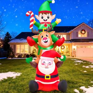 KOOY 6FT Tall Christmas Inflatable Outdoor Decorations, Blow up Yard Decoration Outdoor, Santa Claus with Reindeer & Elf Stack Built-in LED for Xmas Party Decor Yard Outside Garden Holiday Decoration