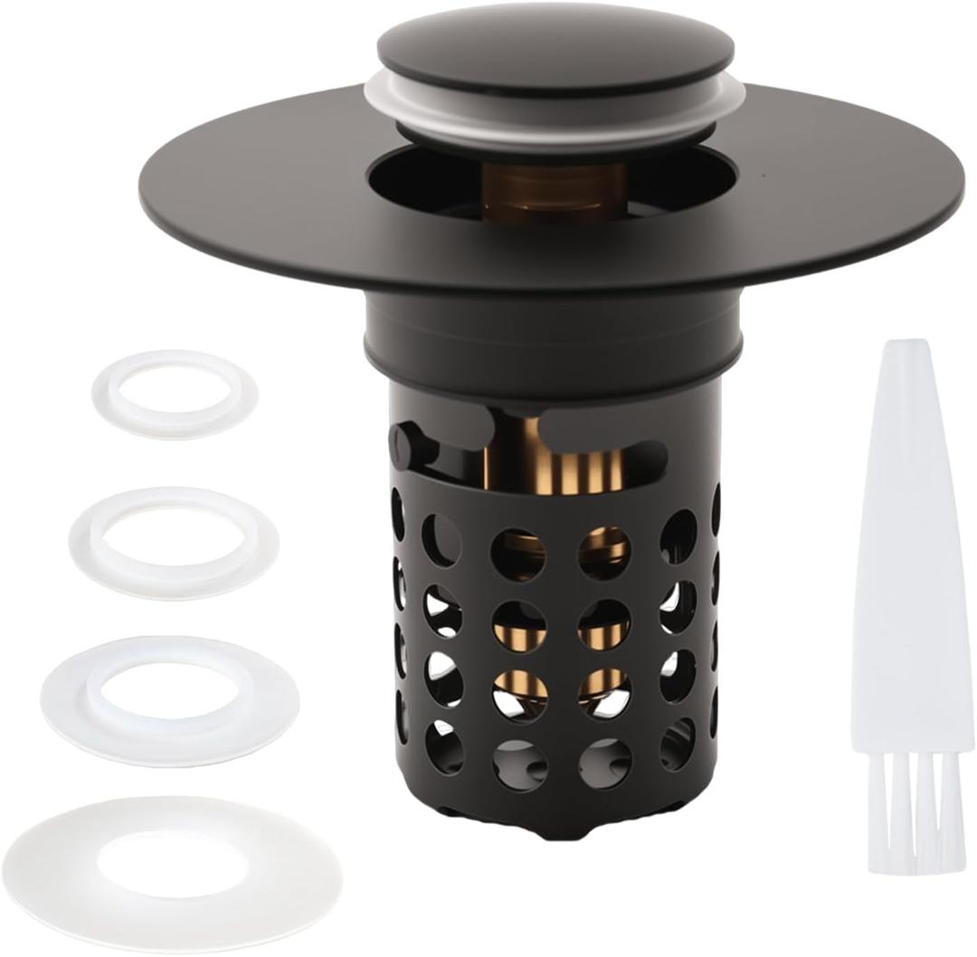 Bathroom Sink Drain Stopper, Upgraded 3 in 1 Pop Up Sink Drain Strainer with Removable Hair Catcher Basket, Drain Plug Filter for 1.1-1.5 in, Metal Body, Brass Bounce Core (Black)