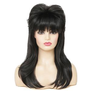Black 80s Long Wig for Women Mullet Wigs Layered Funny Wig with Bangs Natural fluffy Synthetic Wigs for Halloween Daily Party Use
