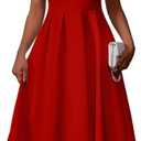Memoriesea Women's Elegant Casual Short Sleeve Work Party A-Line Dress with Pockets (Red), S