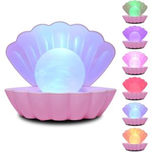 Shell Pearl Beach Themed Night Light, RGB 8 Colors Changing Mood Shell Pearl Lamps, Bedside LED Clamshell Portable Night Lights for Bar (Pink)