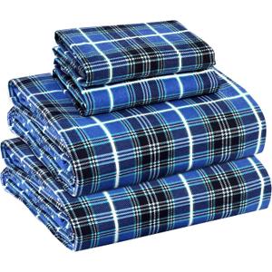 RUVANTI Flannel Sheets Full Size - 100% Cotton Double Brushed Bed Sheets Set, Deep Pockets 16 Inches, All Seasons Breathable & Extra Soft Full Sheets, Warm & Cozy, 4 Piece, Blue Plaid